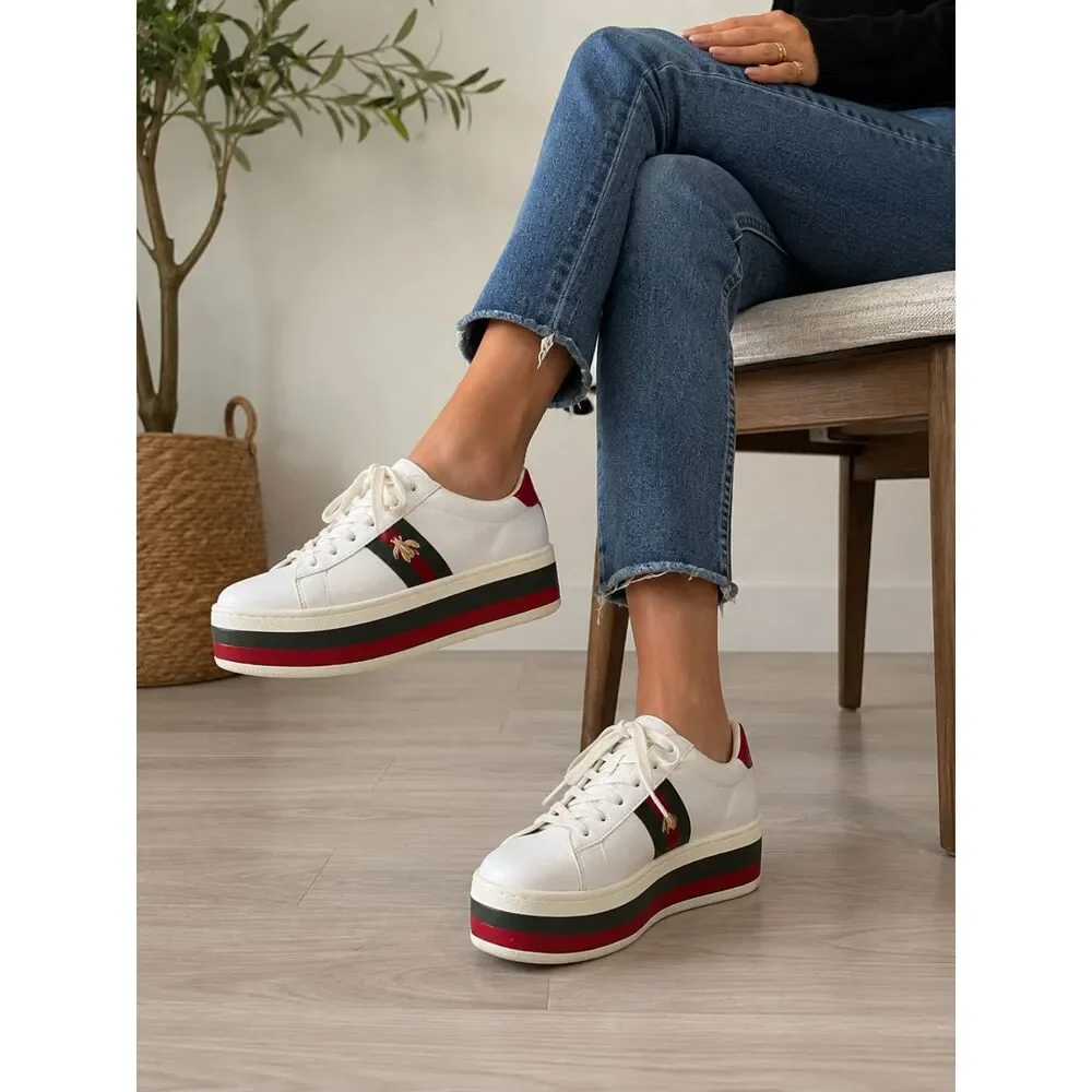 Sanden Calçados - White Green Red Stripe Platform Sneakers w/Bee - Size 6